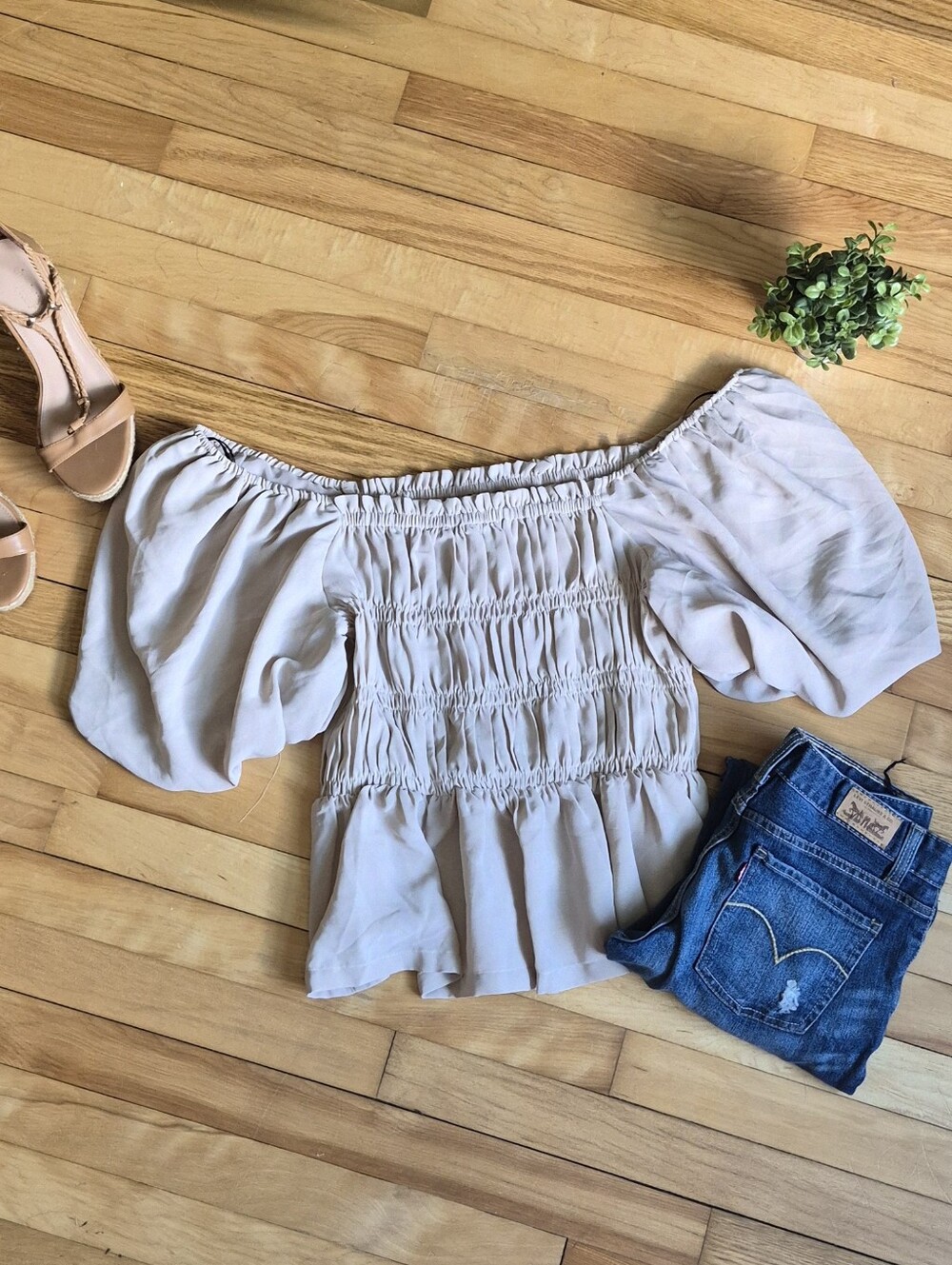 Ro & De Smocked Off-Shoulder Peplum Top in Light Beige